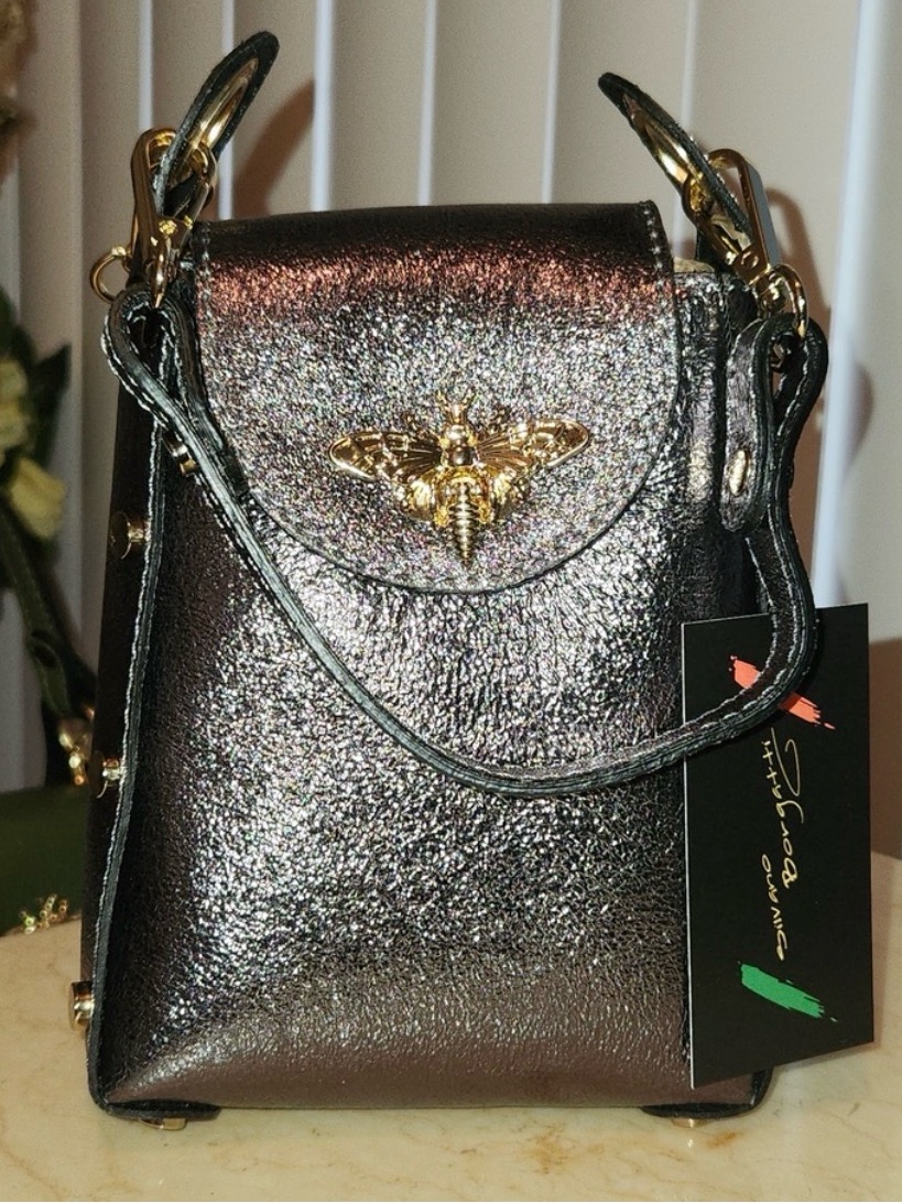 Sb94825 Mini Tall Bee Iridescent Italian Leather Crossbody - Nwt